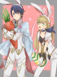 Rule 34 | 1boy, 1girl, alfonse (fire emblem), animal ears, blonde hair, blush, breasts, brother and sister, rabbit ears, cape, carrot, chibi, cleavage, dress, easter egg, egg, embarrassed, fire emblem, fire emblem heroes, gloves, holding, looking at viewer, nintendo, sharena (fire emblem), siblings, smile