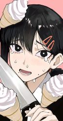 Rule 34 | 1girl, black hair, chainsaw man, collared shirt, crying, crying with eyes open, food, formal, hair ornament, hairclip, higashiyama kobeni, highres, holding, holding knife, ice cream, ice cream cone, knife, looking at another, medium hair, mole, mole under eye, mole under mouth, multiple moles, pink background, sailen0, shirt, short ponytail, simple background, single sidelock, snot, solo, suit, teardrop, tearing up, tears, white shirt