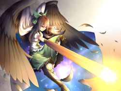 Rule 34 | 1girl, arm cannon, black hair, black wings, bow, cape, feathered wings, feathers, hair bow, lauqe, long hair, single mechanical leg, ponytail, red eyes, reiuji utsuho, solo, touhou, weapon, wings