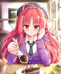 Rule 34 | 1girl, absurdres, ahoge, beret, black hat, black necktie, blush, braid, breasts, bright pupils, cafe, cake, cake slice, closed mouth, coffee cup, collared shirt, commentary, cup, disposable cup, dracu-riot!, elbows on table, eyelashes, fingernails, food, fork, fruit, glint, hair intakes, hakutocake, hat, highres, holding, holding fork, incoming food, indoors, jewelry, large breasts, light particles, long hair, long sleeves, necktie, parted bangs, pov, purple sweater, red hair, ring, shirt, sidelighting, sidelocks, single braid, smile, solo, sparkle, strawberry, sweater, very long hair, wavy hair, wedding ring, white shirt, window, yarai miu, yellow eyes, yuzu-soft