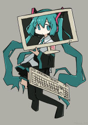 Rule 34 | 1girl, absurdly long hair, absurdres, aqua eyes, aqua hair, aqua necktie, black skirt, black sleeves, black thighhighs, blue eyes, blue hair, detached sleeves, dot mouth, floating, floating hair, full body, grey background, hair ornament, hatsune miku, headphones, headset, highres, holding, keyboard (computer), long hair, looking at viewer, monitor, necktie, no pupils, no shoes, number tattoo, pleated skirt, shirt, sidelocks, simple background, sketch, skirt, sleeveless, sleeveless shirt, solo, tattoo, thighhighs, tokiwa (914), twintails, very long hair, vocaloid, white shirt, wide sleeves