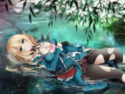 Rule 34 | 10s, 1girl, atago (kancolle), bad id, bad pixiv id, black pantyhose, blonde hair, blush, bra, breasts, cannon, cleavage, gloves, green eyes, hat, highres, kadokawa games, kantai collection, leaf, lips, long hair, medium breasts, military, military uniform, pantyhose, partially submerged, perriry, personification, pink bra, skirt, smile, solo, tears, torn clothes, torn pantyhose, turret, underwear, uniform, water