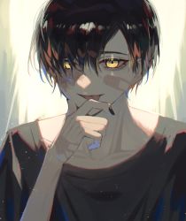 Rule 34 | 1boy, :p, bandaid, bandaid on cheek, bandaid on face, bandaid on hand, black hair, black nails, chromatic aberration, collarbone, glowing, glowing eyes, hair over one eye, highres, licking, licking hand, looking at viewer, male focus, mizumi zumi, multicolored hair, nail polish, original, patch, scar, solo, tongue, tongue out, upper body, yellow eyes