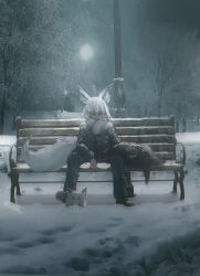 Rule 34 | 1girl, animal ear fluff, animal ears, bench, black jacket, boots, brown footwear, closed eyes, closed mouth, denim, fox ears, fox girl, fox tail, frown, full body, full moon, highres, jacket, jeans, lamppost, legs apart, moon, moonlight, night, outdoors, pants, phase connect, scarf, scenery, sitting, snow, snowing, solo, tail, taku artworks, tenma maemi, theo (tenma maemi), virtual youtuber, white hair, wooden bench