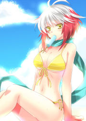 Rule 34 | 1girl, bikini, blue background, breasts, cleavage, cloud, day, food, front-tie bikini top, front-tie top, large breasts, mouth hold, multicolored hair, ootani mikoto, pascal (tales), pascal (tales), popsicle, red hair, scarf, short hair, sitting, solo, swimsuit, tales of (series), tales of graces, two-tone hair, underboob, white hair, yellow bikini, yellow eyes