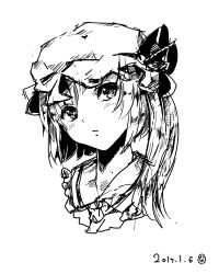 Rule 34 | 1girl, ascot, closed eyes, collared shirt, dated, flandre scarlet, frilled shirt collar, frills, greyscale, hat, head tilt, highres, looking at another, medium hair, mob cap, monochrome, nattsuhan, one side up, portrait, shirt, simple background, solo, touhou