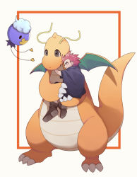 Rule 34 | 1boy, bad id, bad pixiv id, boots, brown footwear, carrying, claws, commentary request, creatures (company), dragonite, drifloon, flying, framed, game freak, gen 1 pokemon, gen 4 pokemon, holding, holding pokemon, john (user wmrz3824), lance (pokemon), male focus, nintendo, pokemon, pokemon (creature), red hair, short hair, spiked hair, white background, aged down