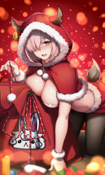 Rule 34 | 1girl, all fours, alternate costume, animal hood, bell, bell earrings, black pantyhose, blurry, blush, box, breast press, breasts, capelet, character print, christmas, cleavage, depth of field, dydydyok, earrings, fate/grand order, fate (series), fou (fate), fur-trimmed capelet, fur-trimmed hood, fur-trimmed skirt, fur trim, gift, gift box, hair over one eye, highres, hood, jewelry, light purple hair, looking at viewer, mash kyrielight, one eye covered, pantyhose, pom pom (clothes), pouch, purple eyes, purple hair, red hood, red theme, short hair, skirt, solo, tail