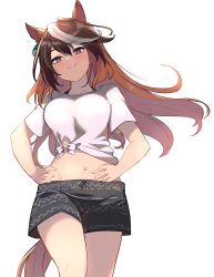 Rule 34 | 1girl, absurdres, animal ears, black hair, black shorts, breasts, brown hair, closed mouth, commentary request, gaze on me! outfit (umamusume), groin, hair between eyes, hands on own hips, head tilt, highres, horse ears, horse girl, horse tail, kusanagi kaoru, long hair, looking at viewer, medium breasts, multicolored hair, navel, purple eyes, shirt, short sleeves, shorts, simple background, smile, solo, symboli rudolf (umamusume), tail, tied shirt, two-tone hair, umamusume, very long hair, white background, white hair, white shirt