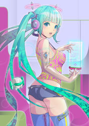 Rule 34 | 1girl, aqua hair, blue eyes, elbow gloves, gloves, hatsune miku, headphones, long hair, solo, suishougensou, thighhighs, twintails, very long hair, vocaloid