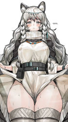 Rule 34 | 1girl, absurdres, animal ear fluff, animal ears, arknights, belt, belt pouch, between legs, black capelet, blush, braid, breasts, capelet, clothes lift, commentary request, covered erect nipples, cowboy shot, dated commentary, doodle punch, dress, dress lift, from below, grey eyes, grey thighhighs, highres, korean text, large breasts, leopard ears, lifting own clothes, long hair, long sleeves, looking at viewer, looking down, mole, mole on thigh, no panties, parted lips, pouch, pramanix (arknights), silver hair, solo, sweat, thighhighs, thighs, turtleneck, turtleneck dress, twin braids, very long hair, white dress, wristband