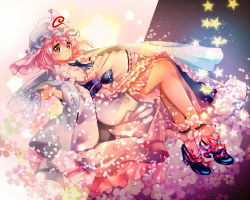Rule 34 | 1girl, ankle cuffs, blue footwear, blush, breasts, butterfly ornament, floral background, frilled kimono, frills, full body, hagoromo, hair between eyes, high heels, japanese clothes, kimono, legs, long sleeves, nagare, obi, pink background, pink eyes, pink hair, purple background, ribbon-trimmed collar, ribbon-trimmed sleeves, ribbon trim, saigyouji yuyuko, sash, shawl, shoes, short hair, smile, solo, star (symbol), starry background, touhou, triangular headpiece, two-tone background, veil, white legwear, wide sleeves