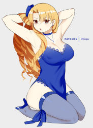 Rule 34 | 1girl, armpits, arms behind head, arms up, blonde hair, blue bow, blue dress, blue thighhighs, blush, bow, breasts, brown eyes, chocojax, choker, collarbone, dress, drill hair, earrings, fate/hollow ataraxia, fate (series), grey background, hair bow, high heels, highres, jewelry, lace trim, large breasts, long hair, looking at viewer, luviagelita edelfelt, necklace, open mouth, seiza, simple background, sitting, solo, thighhighs, thighs