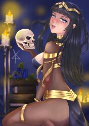 Rule 34 | 1girl, black hair, blush, bodysuit, breasts, candle, cleavage, fire, fire emblem, fire emblem awakening, from behind, highres, large breasts, lips, long hair, nintendo, red draws, sitting, skull, tharja (fire emblem), twintails