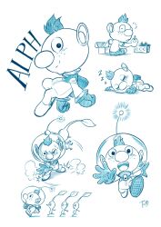Rule 34 | 1boy, ^^^, alien, alph (pikmin), alternate costume, backpack, bag, big nose, blue pikmin, blue theme, blush, character name, closed eyes, closed mouth, commentary request, creature, freckles, frown, gauge, gloves, helmet, highres, holding, holding creature, incoming attack, leaf, leg up, light particles, lying, motion lines, nintendo, no headwear, no mouth, notice lines, on stomach, open mouth, outstretched arm, pikmin (creature), pikmin (series), pointy ears, pointy nose, radio antenna, red pikmin, screw, shadow, shirt, short hair, short sleeves, signature, sketch, sleeping, smile, space helmet, spacesuit, t-shirt, teeth, toolbox, triangle mouth, upper teeth only, very short hair, whistle, white background, wide-eyed, yamato koara, yellow pikmin, zzz
