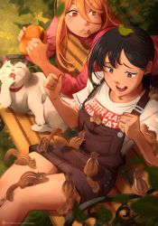 Rule 34 | 2girls, absurdres, arched back, bench, black hair, blurry, blurry foreground, burger, cat, chainsaw man, chipmunk, commentary, cross-shaped pupils, crosshair pupils, eating, english commentary, english text, food, hair between eyes, hands up, higashiyama kobeni, highres, holding, holding food, jewelry, khyle., leaf, leaf on head, looking at another, looking down, meowy (chainsaw man), multiple girls, on bench, open mouth, patreon logo, patreon username, power (chainsaw man), print shirt, ring, shirt, sitting, squirrel, symbol-shaped pupils, teeth, thighs, upper teeth only, watermark, web address, white shirt