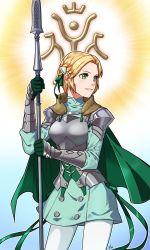 Rule 34 | 1girl, armor, blonde hair, cape, crests (fire emblem), drawingddoom, fire emblem, fire emblem: three houses, gloves, green cape, green eyes, green gloves, highres, holding, holding weapon, ingrid brandl galatea, nintendo, parted lips, polearm, short hair, simple background, solo, weapon, white legwear