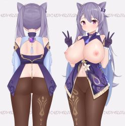 Rule 34 | 1girl, absurdres, alternate breast size, artist request, ass, bare shoulders, blush, breasts, from behind, genshin impact, gloves, hair ornament, highres, keqing (genshin impact), large breasts, long hair, looking at viewer, multiple views, no bra, pantyhose, purple eyes, purple hair, shiny skin, twintails, very long hair, vision (genshin impact)