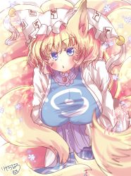 Rule 34 | 1girl, animal ears, animal hat, blonde hair, blue eyes, blush, breasts, cold, colored eyelashes, commentary request, dress, fox ears, fox tail, hat, highres, kemo chiharu, large breasts, long sleeves, mob cap, multiple tails, one-hour drawing challenge, parted lips, short hair, signature, solo, tabard, tail, touhou, white dress, yakumo ran