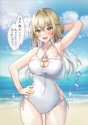 Rule 34 | 1girl, :d, arm up, armpits, beach, blonde hair, blue sky, blush, breasts, cloud, collarbone, commentary request, covered navel, day, green eyes, hair between eyes, hand on own hip, highres, horizon, large breasts, long hair, looking at viewer, ocean, one-piece swimsuit, open mouth, original, outdoors, shiro kuma shake, sky, smile, solo, standing, swimsuit, teeth, translation request, upper teeth only, white one-piece swimsuit