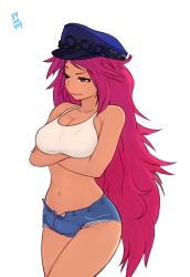 Rule 34 | 1girl, 34no404, blue eyes, breasts, bulge, capcom, cleavage, covered erect nipples, crossed arms, cutoffs, denim, denim shorts, eyebrows, final fight, hat, large breasts, long hair, messy hair, microphone, midriff, navel, peaked cap, pink hair, poison (final fight), pout, short shorts, shorts, solo, street fighter, tank top, very long hair, white background