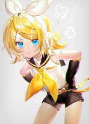 Rule 34 | 1girl, puff of air, angry, arm warmers, bare shoulders, black collar, black sleeves, blonde hair, blue eyes, bow, collar, commentary, cowboy shot, crop top, detached sleeves, grey background, hair bow, hair ornament, hairclip, hands on own hips, headphones, headset, kagamine rin, leaning forward, looking at viewer, making-of available, neckerchief, pouty lips, sailor collar, sawashi (ur-sawasi), school uniform, shirt, short hair, short shorts, shorts, shoulder tattoo, sleeveless, sleeveless shirt, solo, standing, swept bangs, tattoo, treble clef, v-shaped eyebrows, vocaloid, white bow, white shirt, yellow neckerchief