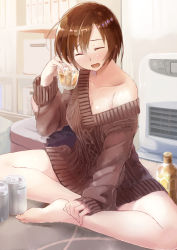 Rule 34 | 1girl, :d, alcohol, bare shoulders, barefoot, beer, blush, bottle, can, closed eyes, collarbone, daidou (demitasse), drunk, highres, indoors, meiko (vocaloid), no pants, open mouth, shelf, sitting, smile, solo, sweater, vocaloid