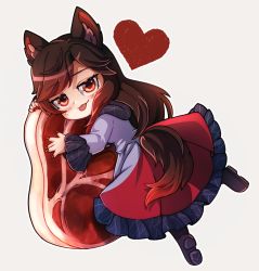 Rule 34 | 1girl, animal ear fluff, animal ears, brown hair, commentary, dress, dungeon toaster, english commentary, fingernails, food, full body, heart, highres, imaizumi kagerou, long fingernails, long hair, looking at viewer, meat, oversized food, oversized object, red dress, red eyes, simple background, smile, solo, tongue, tongue out, touhou, two-tone dress, white background, white dress, wolf ears
