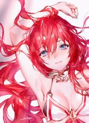 Rule 34 | 1girl, alexiel (summer) (granblue fantasy), arm up, armpits, bare shoulders, bikini, blue eyes, breasts, female focus, godsworn alexiel, gradient background, granblue fantasy, hair between eyes, highres, long hair, looking at viewer, lying, messy hair, michudx, on back, red hair, solo, swimsuit, upper body, very long hair, white background, white bikini