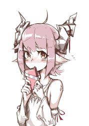 Rule 34 | 1girl, ahoge, androgynous, animal ears, bare shoulders, blush, box, brown eyes, collarbone, covering own mouth, deel (rkeg), demon horns, detached sleeves, embarrassed, gift, gift box, highres, horns, looking at viewer, male focus, nose blush, open mouth, original, pink hair, scales, short hair, simple background, sleeveless, solo, sweat, tank top, upper body, valentine, white background