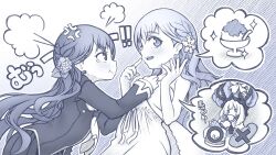 Rule 34 | 3girls, anger vein, angry, baguette, blush, braid, bread, cake, collar grab, commentary request, crossover, dress, dual persona, fate/grand order, fate (series), finger to mouth, flower, food, from side, frown, hair flower, hair ornament, hand up, hat, hatching (texture), highres, hydrangea, index finger raised, kazahana yuki, long hair, long sleeves, marie antoinette (fate), multiple girls, necktie, o x, onikko hunter tsuina-chan, open mouth, pekenpon, pleated skirt, pout, profile, puff of air, school uniform, serafuku, shaved ice, side braid, skirt, sleeveless, sleeveless dress, snowflake hair ornament, spoken character, spoken food, tearing up, translation request, v-shaped eyebrows, wavy hair