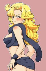Rule 34 | 1girl, ayla (chrono trigger), black eyes, black skirt, blush, breasts, caveman, chrono trigger, commentary request, crop top, higaragi, highres, long hair, looking at viewer, medium breasts, miniskirt, pink background, simple background, skirt, smile, solo