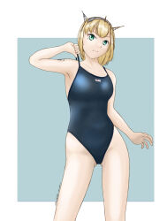 Rule 34 | 1girl, alternate costume, anon., black one-piece swimsuit, blonde hair, blue background, breasts, competition swimsuit, feet out of frame, green eyes, headgear, highres, kantai collection, medium breasts, one-piece swimsuit, rodney (kancolle), short hair, solo, standing, swimsuit, two-tone background