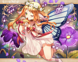 Rule 34 | 1girl, ;), animal ears, anklet, bare shoulders, barefoot, beamed quavers, blonde hair, bow, bracelet, butterfly wings, detached sleeves, dress, flower, full body, g clef, green eyes, head wreath, insect wings, instrument, jewelry, long hair, looking at viewer, mizita, musical note, ocarina, one eye closed, original, puffy short sleeves, puffy sleeves, purple flower, red bow, short sleeves, smile, solo, violet (flower), white dress, wings