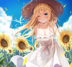 Rule 34 | 1girl, ;d, aqua eyes, arm behind back, bare arms, bare shoulders, blonde hair, blue sky, blush, breasts, cleavage, cloud, collarbone, day, dress, feet out of frame, floating hair, flower, frilled dress, frills, grin, hand up, highres, leaning forward, long hair, looking at viewer, medium breasts, one eye closed, open mouth, original, outdoors, parted lips, sira (user dswn7488), sky, sleeveless, sleeveless dress, smile, standing, sundress, sunflower, teeth, white dress, wind, yellow flower