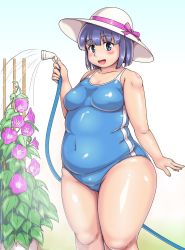 Rule 34 | 1girl, :d, belly, blue eyes, blush, breasts, competition school swimsuit, covered navel, fat, fat step-sister (orizen), flower, hat, hat ribbon, hose, impossible clothes, impossible swimsuit, looking at viewer, medium breasts, morning glory, navel, one-piece swimsuit, open mouth, original, orizen, plant, potted plant, purple eyes, purple hair, ribbon, school swimsuit, short hair, smile, solo, standing, sun hat, swimsuit, thick arms, thick thighs, thighs, watering, wide hips