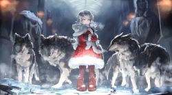 Rule 34 | 1girl, boots, breath, cold, dress, fur trim, grey eyes, looking at viewer, mittens, na (oagenosuke), original, pantyhose, pigeon-toed, red dress, red footwear, red pantyhose, silver hair, smile, snow, solo, standing, stuffed animal, stuffed toy, stuffed wolf, wolf