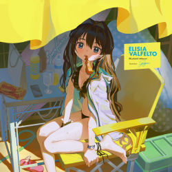 Rule 34 | 1girl, absurdres, ankle ribbon, bag, barefoot, bikini, black bikini, black hair, blue eyes, blush, borrowed character, bottle, breasts, cellphone, chair, character name, cleavage, cup, drink, drinking glass, elisia valfelto, hair intakes, highres, hood, hooded jacket, jacket, jacket on shoulders, jdge, leg ribbon, long hair, looking at viewer, mouth hold, navel, original, phone, ramune, ribbon, sitting, small breasts, smartphone, solo, swimsuit, table, watch, wet, wristwatch