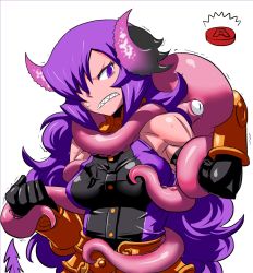 Rule 34 | 1girl, annoyed, armor, bare shoulders, boots, bracelet, breasts, claws, demon girl, frown, gloves, hair over one eye, horns, jewelry, large breasts, long hair, matsuda yuusuke, muscular, muscular female, necklace, nise maou kanizeru, octopus, original, purple eyes, purple hair, sharp teeth, sidelocks, simple background, solo, sweat, teeth, tentacles, tentacles under clothes, trembling, very long hair, wavy hair, white background, yuusha to maou