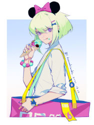 Rule 34 | 1boy, alternate costume, bag, bead bracelet, beads, bow, bracelet, closed mouth, double scoop, eating, flame print, food, food on face, galo thymos, green hair, holding, holding food, holding ice cream, ice cream, jewelry, kawashizuku, lio fotia, looking at viewer, male focus, minnie mouse ears, multicolored nails, nail polish, promare, purple eyes, short hair, shoulder bag, sidelocks, solo, tongue, tongue out