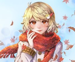 Rule 34 | 1girl, arm cuffs, autumn leaves, bird, bird hair ornament, blonde hair, blue background, blush, buttons, chicken, closed mouth, coat, commentary request, egg hair ornament, eyelashes, falling leaves, food-themed hair ornament, fringe trim, fur scarf, hair ornament, hairpin, hand up, hoshiringo0902, leaf, lips, long sleeves, looking at viewer, nail polish, niwatari kutaka, orange eyes, orange nails, red scarf, scarf, short hair, sidelocks, sky, smile, solo, touhou, upper body, white coat