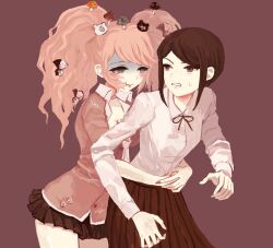 Rule 34 | 2girls, alternate costume, annoyed, arms around waist, bear hair ornament, black bow, black hair, black ribbon, black skirt, blonde hair, blue eyes, blush, bow, bowtie, breasts, brown shirt, cleavage, closed mouth, collarbone, collared shirt, danganronpa: trigger happy havoc, danganronpa (series), enoshima junko, female focus, fingernails, freckles, hair ornament, hug, ikusaba mukuro, incest, large breasts, long sleeves, looking at another, looking back, miniskirt, monokuma, multiple girls, mushroom, mushroom on head, neck ribbon, open mouth, pleated skirt, red nails, ribbon, shirt, short sleeves, siblings, simple background, sisters, skirt, small breasts, standing, teeth, twincest, twins, twintails, white shirt, yuri
