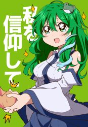 Rule 34 | 1boy, 1girl, :d, blue skirt, blush, breasts, bwell, collared shirt, commentary request, cowboy shot, detached sleeves, frog hair ornament, green background, green eyes, green hair, hair between eyes, hair ornament, hair tubes, handshake, highres, holding hands, kochiya sanae, long hair, looking at another, medium breasts, messy hair, open mouth, shirt, skirt, sleeveless, sleeveless shirt, smile, snake hair ornament, solo focus, sparkle, touhou, translation request, white shirt, white sleeves