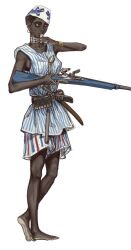 Rule 34 | 1girl, absurdres, ammunition pouch, antique firearm, barefoot, belt, biting, black hair, bracelet, caplock, commentary, dark-skinned female, dark skin, earrings, firearm, firelock, flintlock, full body, gun, hat, highres, historically accurate costume, holding, holding gun, holding weapon, jewelry, knife sheath, matchlock, mossacannibalis, musket, original, pouch, scabbard, seh-dong-hong-beh, sheath, sheathed, short hair, simple background, solo, weapon, white background