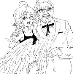 Rule 34 | 1boy, 1girl, :d, ahoge, arm around shoulder, bb (baalbuddy), blush, colonel sanders, commentary, english commentary, feathered wings, fingernails, glasses, greyscale, harpy, highres, kfc, looking at viewer, monochrome, monster girl, monster musume no iru nichijou, neck ribbon, old, old man, one eye closed, open mouth, papi (monster musume), ribbon, simple background, smile, white background, winged arms, wings