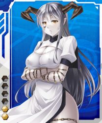 Rule 34 | 00s, 1girl, bare legs, breast rest, breasts, card (blue-r), card (medium), card (r), chain, cleavage, cleavage cutout, clothing cutout, colored skin, covered erect nipples, crossed arms, dekosen takuji, demon girl, dress, female focus, horns, large breasts, lilith-soft, long hair, nipples, no bra, pointy ears, rizlight, shiny skin, silver hair, solo, taimanin (series), taimanin asagi, taimanin asagi battle arena all card gallery, taimanin asagi kessen arena, tattoo, thong, white skin