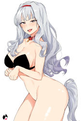 Rule 34 | 1girl, :d, absurdres, ass, blush, bottomless, breasts, cleavage, collar, heart, heart-shaped pupils, highres, idolmaster, idolmaster (classic), large breasts, long hair, looking at viewer, open mouth, purple eyes, shijou takane, silver hair, simple background, smile, solo, symbol-shaped pupils, tail, teeth, tongue, tongue out, tuxedo de cat, white background