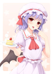 Rule 34 | 1girl, ascot, bat wings, blue hair, blush, cake, dress, fang, finger to mouth, food, fruit, gradient background, hat, looking at viewer, mob cap, pink background, pink dress, plate, pointy ears, puffy short sleeves, puffy sleeves, red eyes, remilia scarlet, sash, short sleeves, solo, strawberry, tokugawa landine, tongue, tongue out, touhou, wings