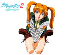 Rule 34 | 1990s (style), 1girl, between legs, blue eyes, boots, brown footwear, copyright name, full body, hand between legs, jacket, long hair, looking at viewer, mary kenjitt, miniskirt, non-web source, official art, open mouth, orange hair, pencil skirt, refrain love 2, retro artstyle, simple background, sitting, skirt, solo, star (symbol), star print, takigawa kazuo, twintails, v arms, wariza, white background