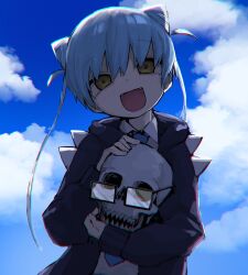Rule 34 | 1girl, black jacket, blue necktie, blush, cloud, collared shirt, cone hair bun, day, double bun, empty eyes, fangs, glasses, hair between eyes, hair bun, highres, holding, holding skull, jacket, long sleeves, looking at viewer, necktie, open clothes, open jacket, open mouth, outdoors, shinigami dot com, shirt, skull, sky, solo, twintails, upper body, white shirt, yachima tana, yellow eyes